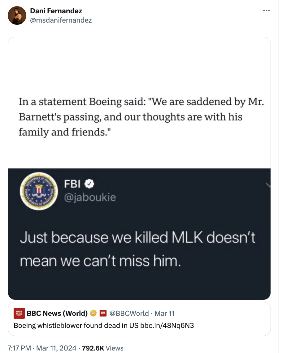 screenshot - Dani Fernandez In a statement Boeing said "We are saddened by Mr. Barnett's passing, and our thoughts are with his family and friends." Fbi Just because we killed Mlk doesn't mean we can't miss him. News Bbc News World Mar 11 Boeing whistlebl